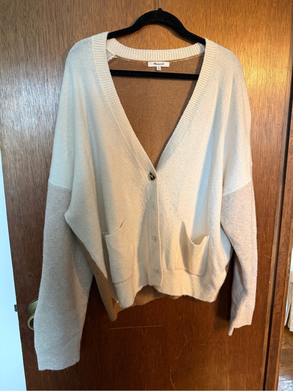 Madewell Cozy Two-Tone Cream & Tan V-Neck Cardigan Sweater Women’s XL